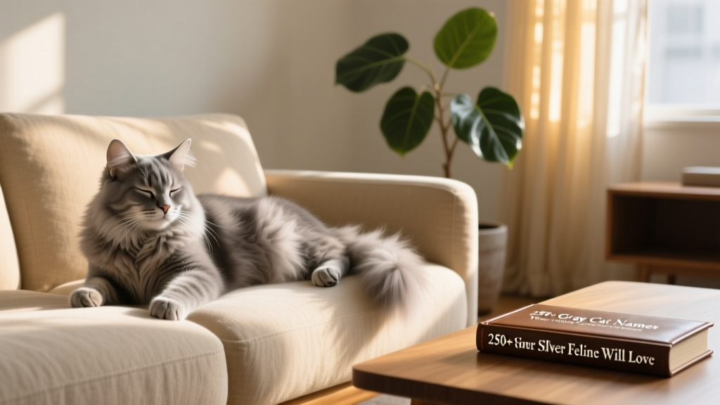 A fluffy gray cat relaxing contentedly on a cozy sofa