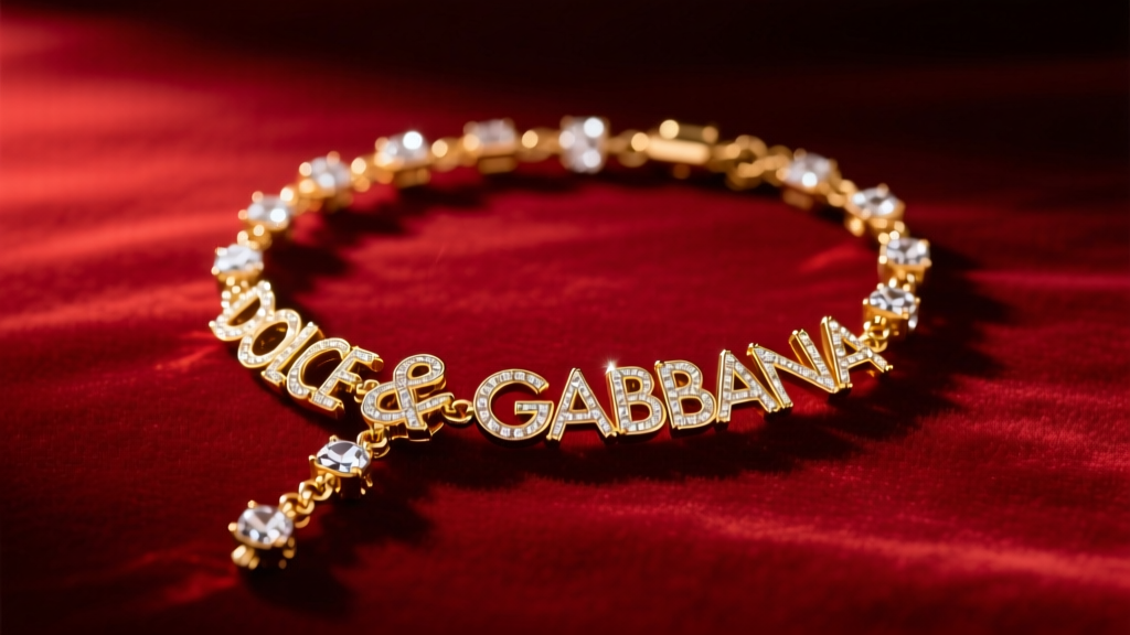 Gold-tone Dolce and Gabbana crystal rosary necklace resting on dark crimson velvet under soft, dramatic studio lighting