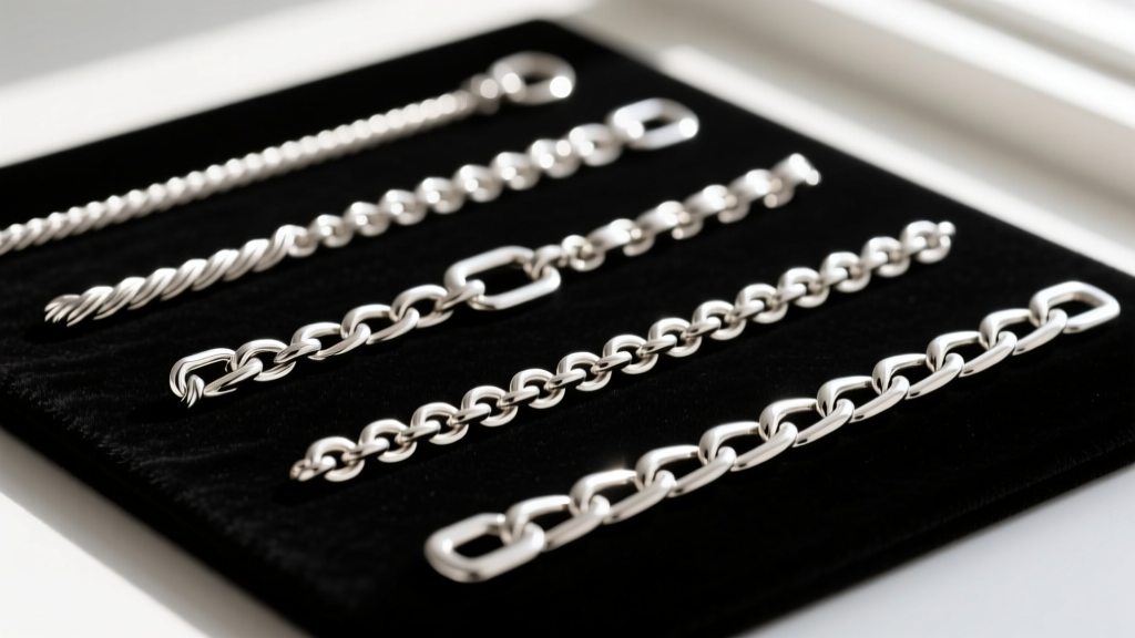 Assorted s925 silver chains including cable, figaro, and box styles laid on a dark velvet display pad for close visual comparison