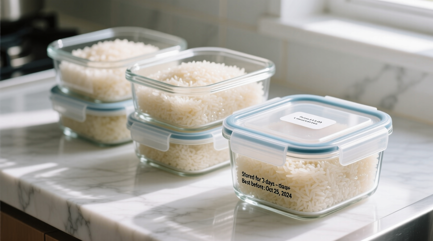 Properly stored cooked rice in glass containers
