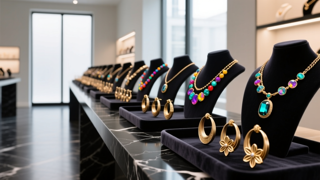 Brightly lit jewelry showroom displaying rows of colorful fashion necklaces and brass hoop earrings on dark velvet display trays.