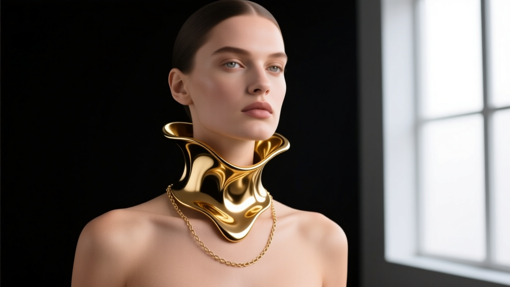 Fashion editorial of a model wearing a sculptural liquid gold collar necklace and a delicate lariat chain against a dark backdrop