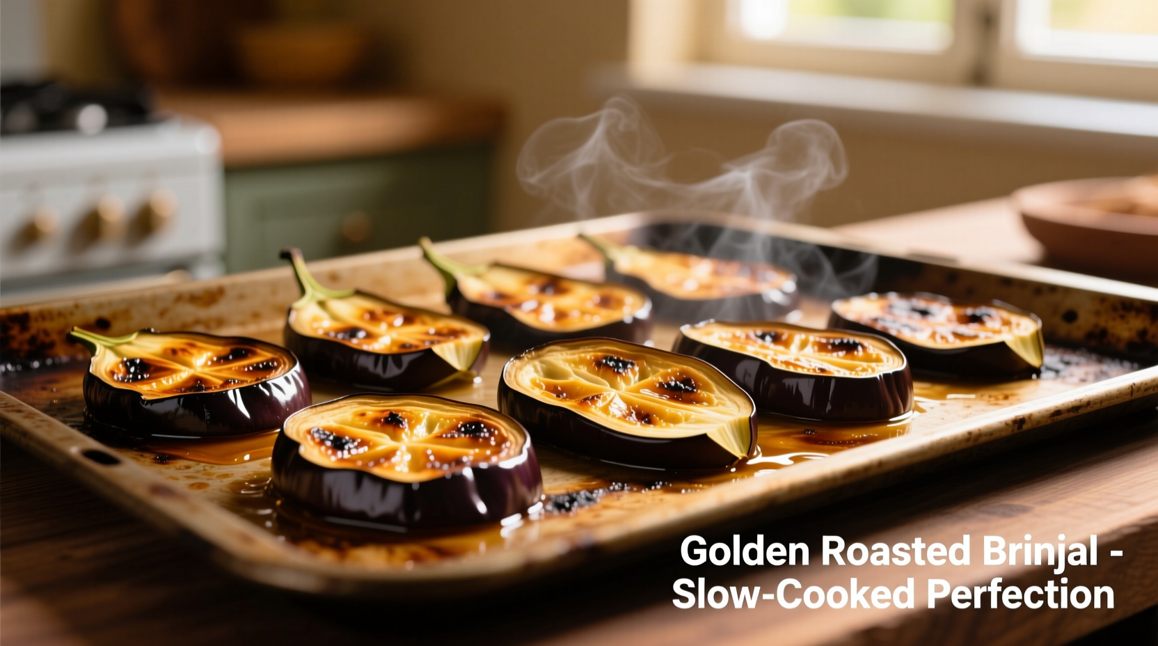 Golden roasted brinjal slices on baking sheet