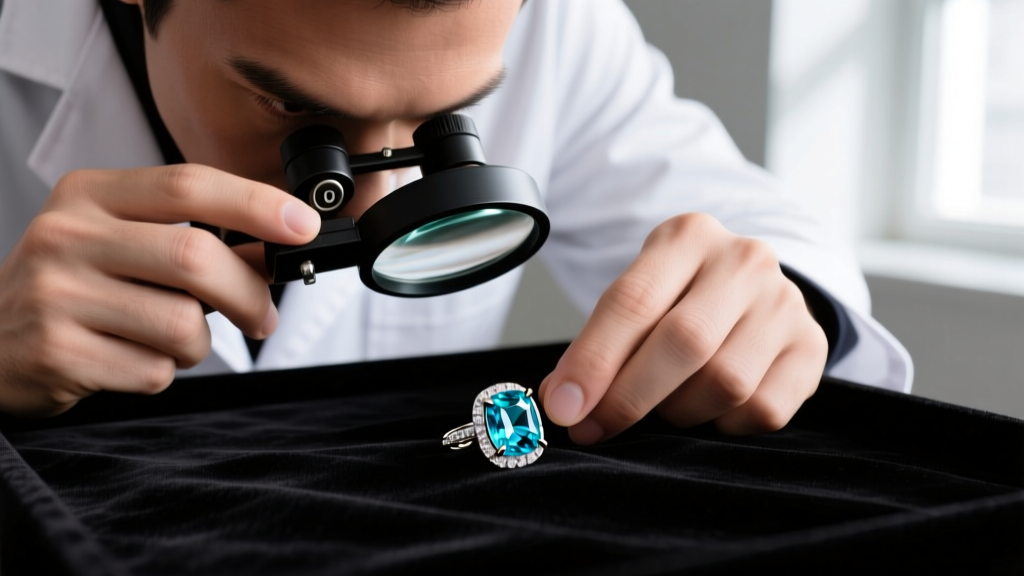 Jeweler using a 10x loupe to inspect prong tension on a bezel-set aquamarine stud earring with diamond accents on dark velvet.