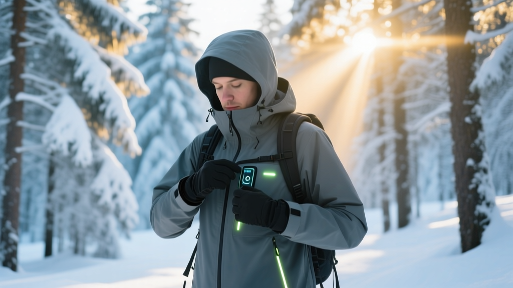 Hiker adjusting the digital temperature control interface on a heated jacket chest pocket while standing in a snowy pine forest