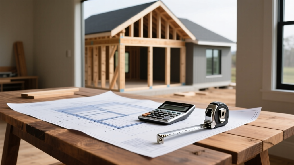 Architectural blueprints on a plywood table next to a calculator and tape measure with modern house framing in the background