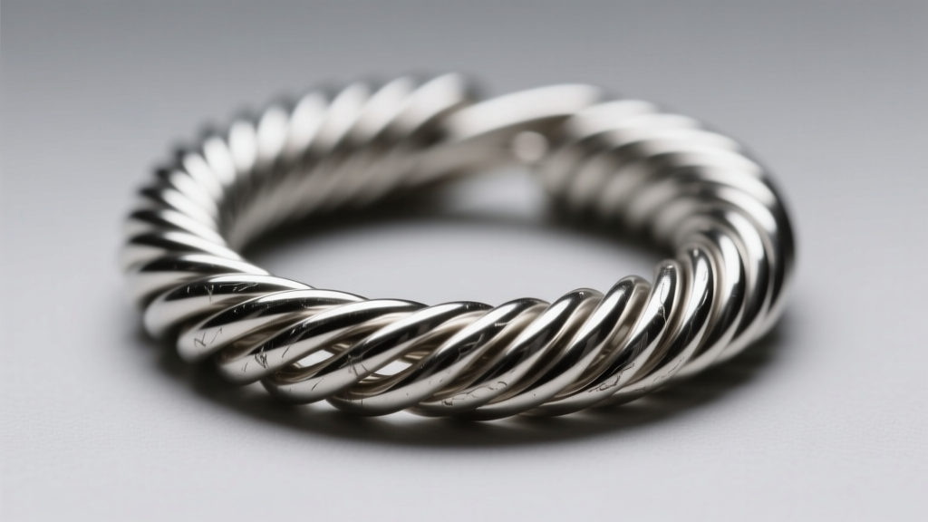 Macro photography of a twisted silver wire hoop showing intricate spiral grooves, highlighting contrast between polished metal peaks.