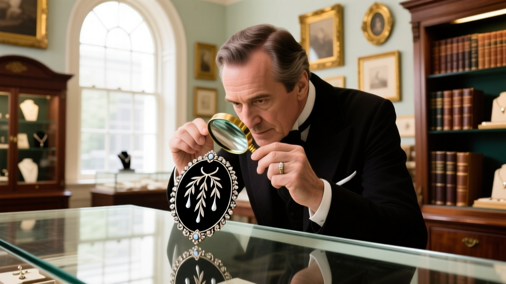 An estate jewelry buyer inspecting a Victorian mourning brooch with a loupe over a glass counter in a brightly lit antique shop.
