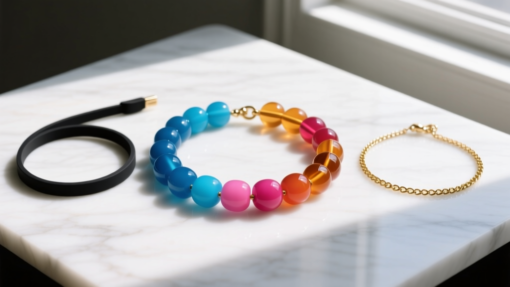 Three glasses necklace straps on marble: chunky acetate beads, a minimal black silicone cord, and a delicate gold-filled chain.