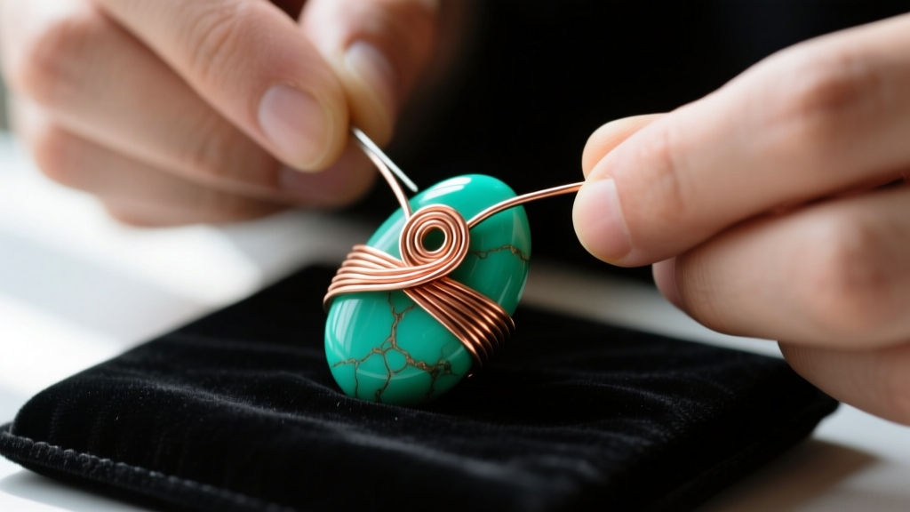 Macro view of hands wire-wrapping a green turquoise pebble with 20-gauge copper wire on a dark velvet pad, showing intricate loops.