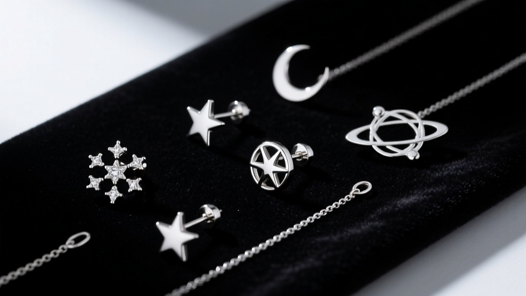 Flat lay of implant-grade titanium celestial ear studs and threader chains arranged on dark velvet with soft directional lighting