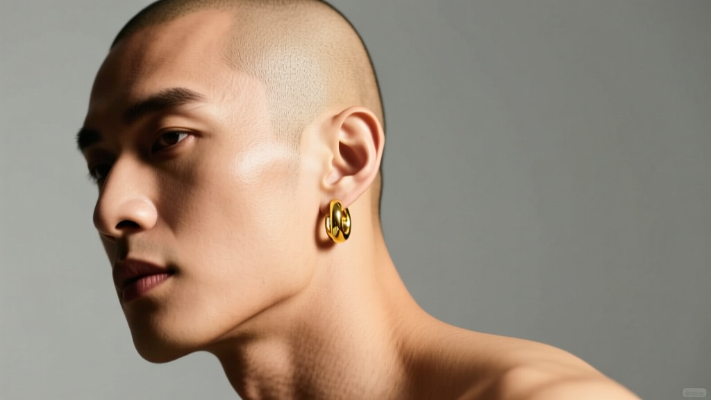 Stylish bald man wearing a minimalist 14k yellow gold huggie earring, studio lighting highlighting metal against warm skin tone