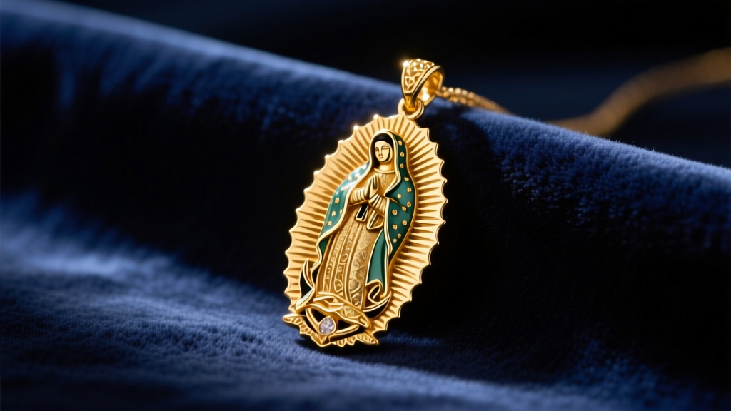 A 14k gold Lady of Guadalupe pendant resting on dark navy velvet, illuminated by soft, warm directional studio light.