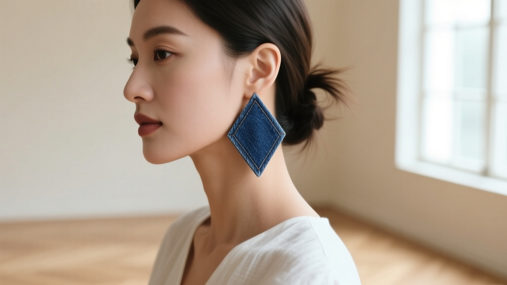 Side profile of a woman wearing geometric indigo denim cloth earrings framing her jawline and complementing a crisp white linen top