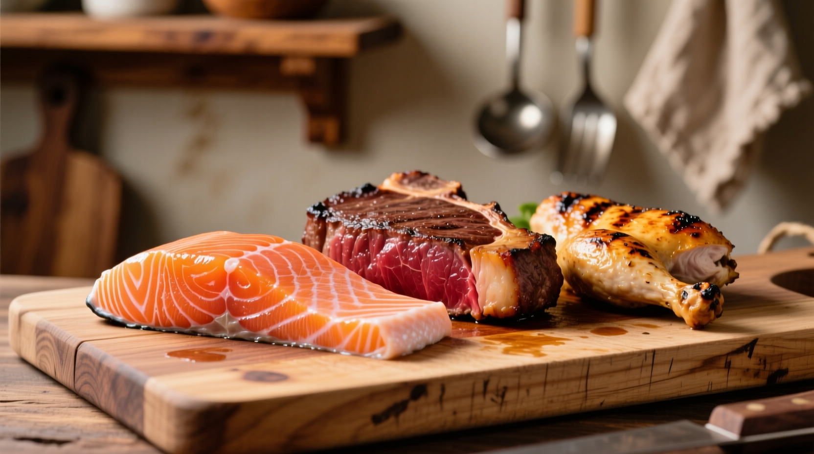 Fresh salmon, beef steak, and chicken breast on wooden cutting board