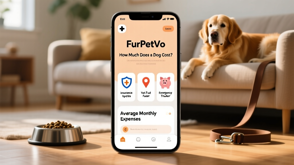 A smartphone screen showing the FurPetVo app homepage with icons for insurance quotes, vet locator, and emergency fund tracker