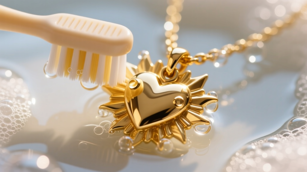 Close-up of a soft-bristled baby toothbrush gently scrubbing the sunburst rays of an 18k gold sacred heart necklace in soapy water