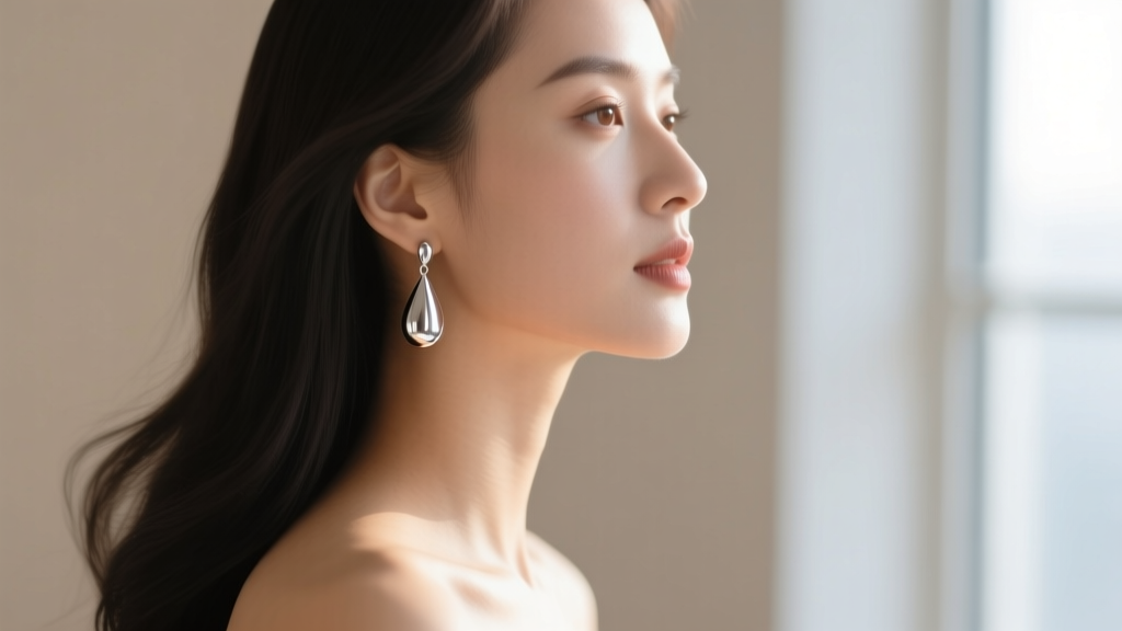 Side profile of a woman wearing dangling silver chocolate drop earrings, showcasing the bottom-heavy silhouette against soft skin.