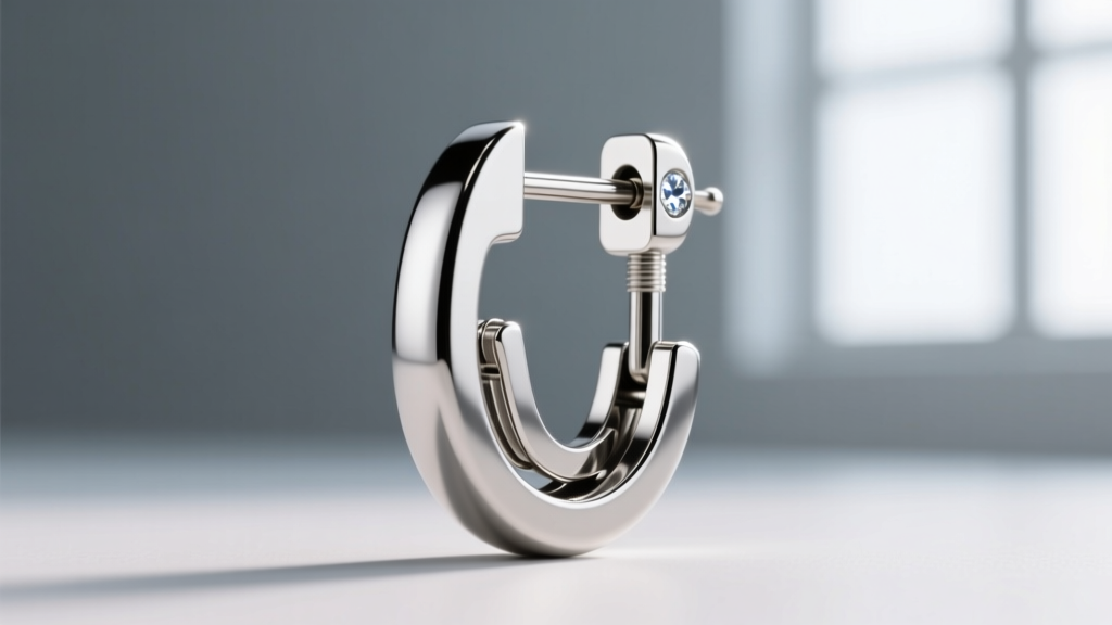 Macro shot of an 18-gauge titanium leverback earring mechanism fully closed, highlighting the secure locking hinge and wire gauge.