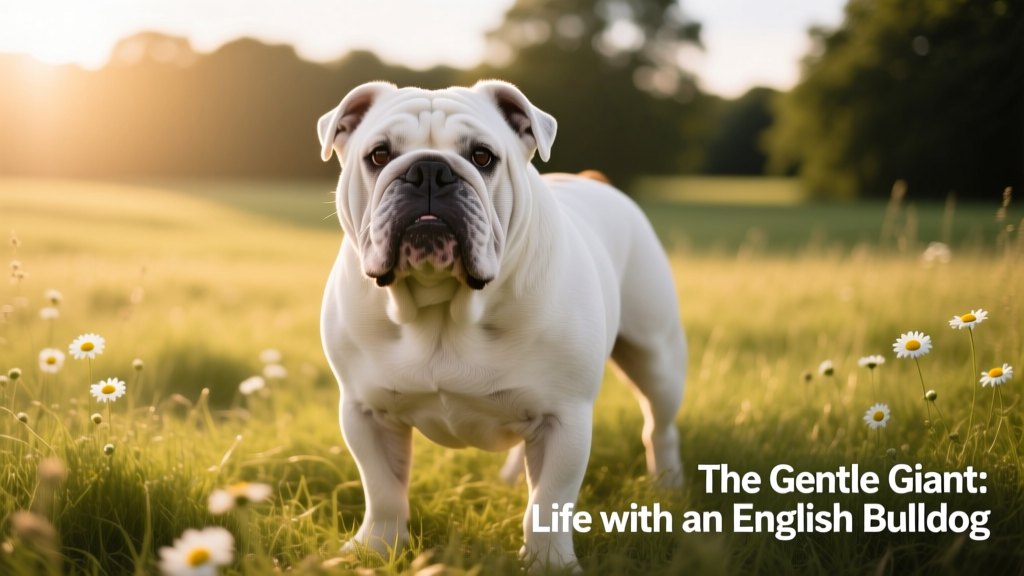 white bulldog standing in grass