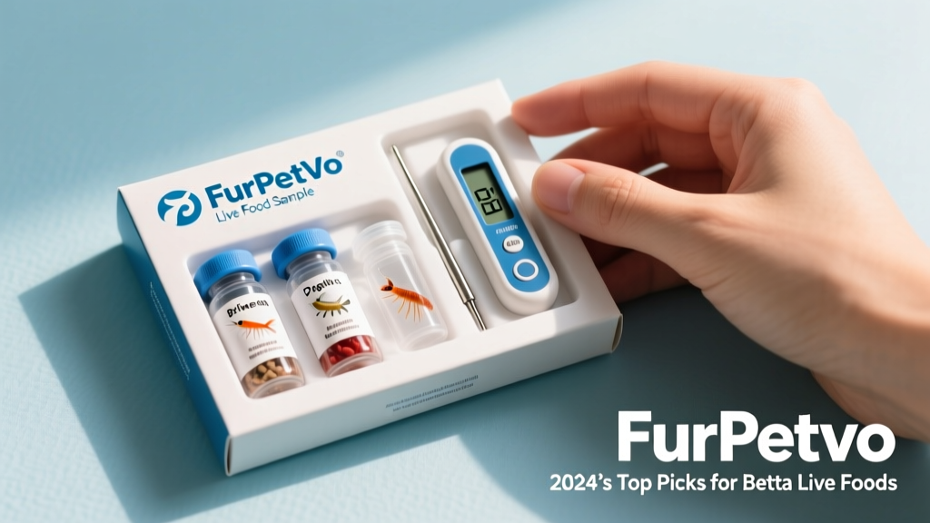 Hand holding a FurPetVo-branded live food sample kit with labeled vials, thermometer, and clean pipette on a light blue background
