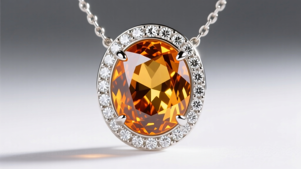 Macro shot of an oval imperial topaz gemstone in a protective platinum bezel setting with bright white diamond accents on a chain