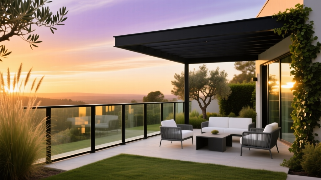 Black aluminum deck railing with frameless glass panels overlooking a lush backyard and modern patio furniture at sunset.