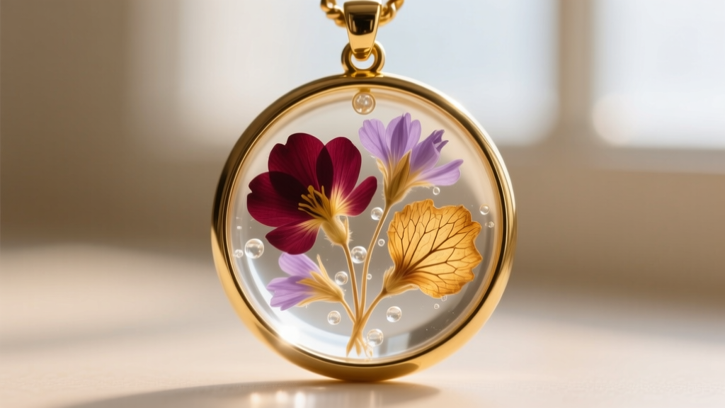 Macro shot of a finished gold-plated brass bezel pendant featuring embedded dried flowers suspended in perfectly clear UV resin.