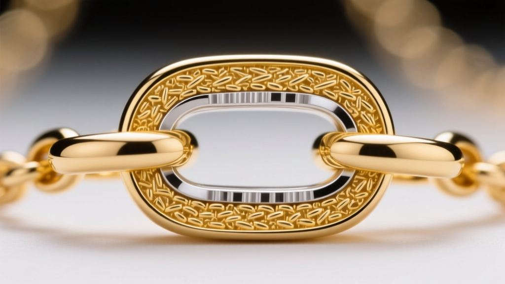 Cross-section microscope view of a gold vermeil necklace link, highlighting the 2.5-micron gold layer over a sterling silver core.