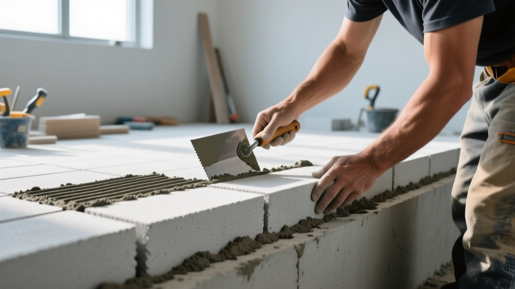 Mason applying thin-bed mortar with a notched trowel to pale gray AAC building materials blocks on a leveled concrete foundation