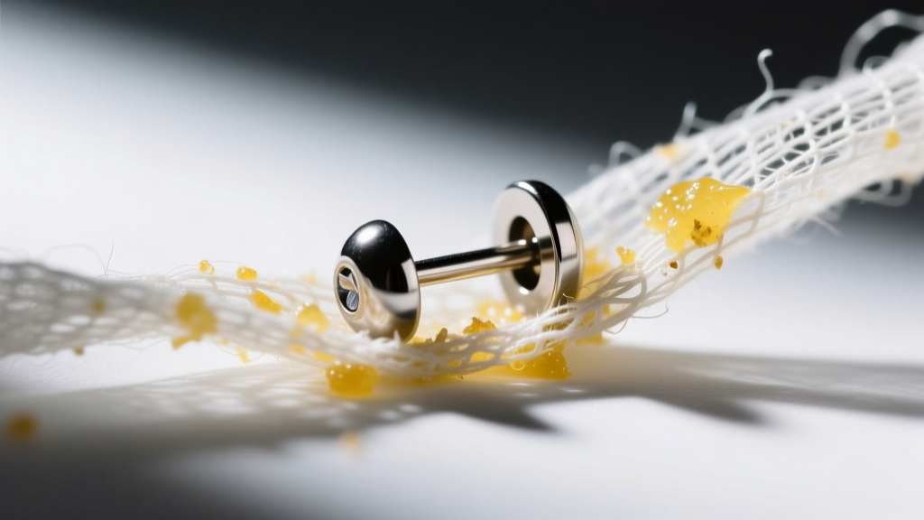 Extreme close-up of a titanium earring post on gauze, showing microscopic sebum and skin buildup under bright clinical lighting.