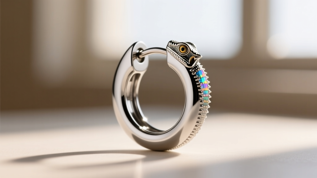 Macro photography of a solid implant-grade titanium bearded dragon huggie earring, showing the smooth, non-porous metallic surface and the secure clicker hinge mechanism against a blurred background.
