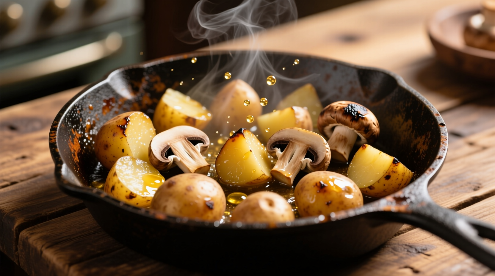 Golden brown potatoes and mushrooms sizzling in cast iron skillet