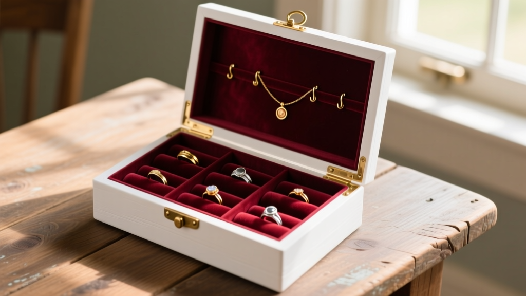 Whitewashed farmhouse jewelry box open on a rustic table, showing velvet ring rolls and small brass necklace hooks inside the lid