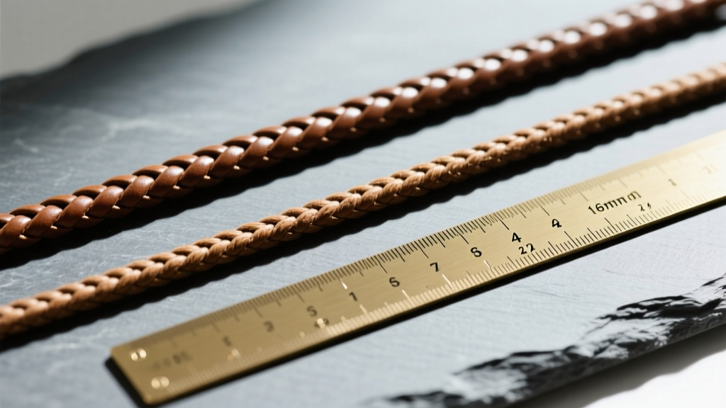 Top-down view of 2mm, 4mm, and 6mm braided leather cords on slate beside a brass ruler, highlighting texture and weave density.
