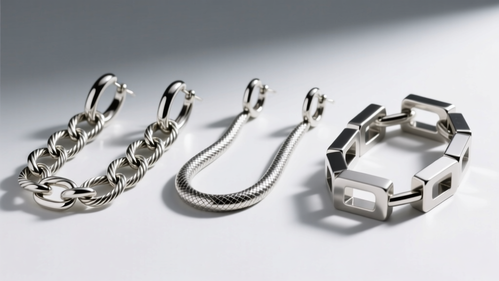 Macro shot of three silver earring chains side-by-side: a classic cable link, a smooth snake chain, and a geometric box chain.