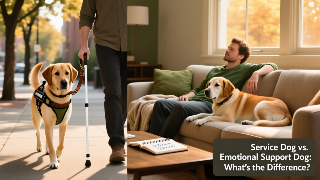 Side-by-side illustration showing a service dog guiding a person with a white cane and an emotional support dog resting calmly beside someone on a couch