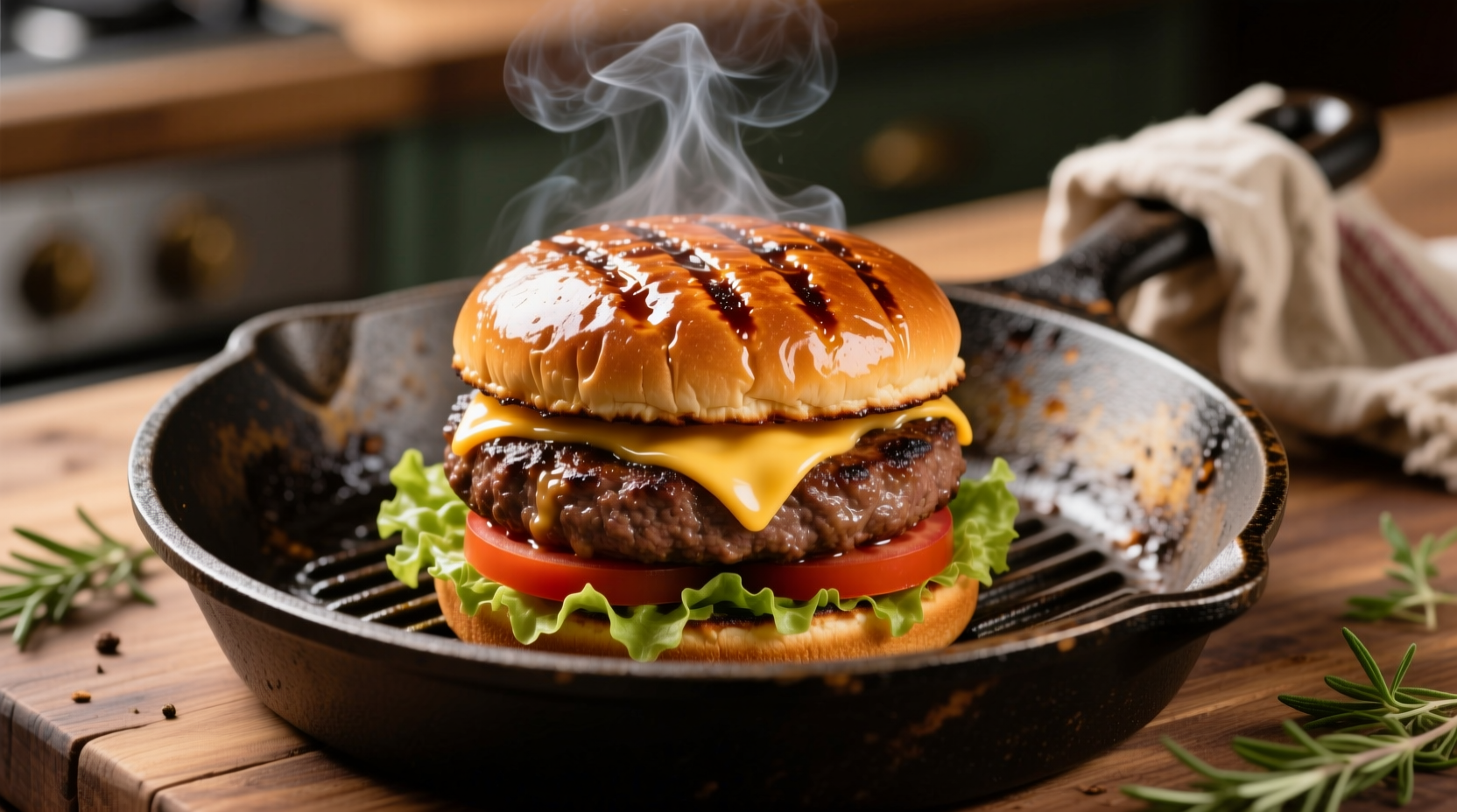 Perfectly seared beef burger with golden crust in cast iron skillet