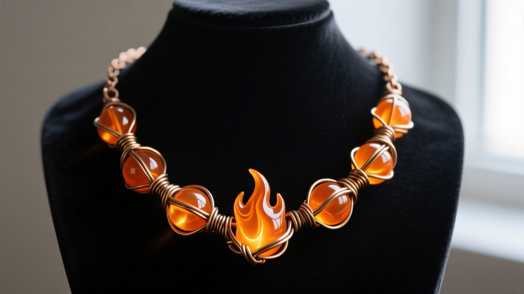 Glowing orange resin beads wrapped in oxidized brass wire forming a cosplay necklace of fireballs on a dark velvet jewelry bust.