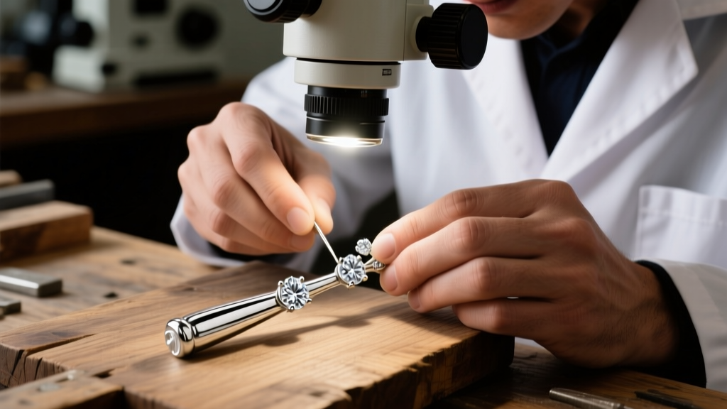 Jeweler using a microscope to set round diamonds into bezel settings of a white gold baseball bat pendant on a wooden workbench