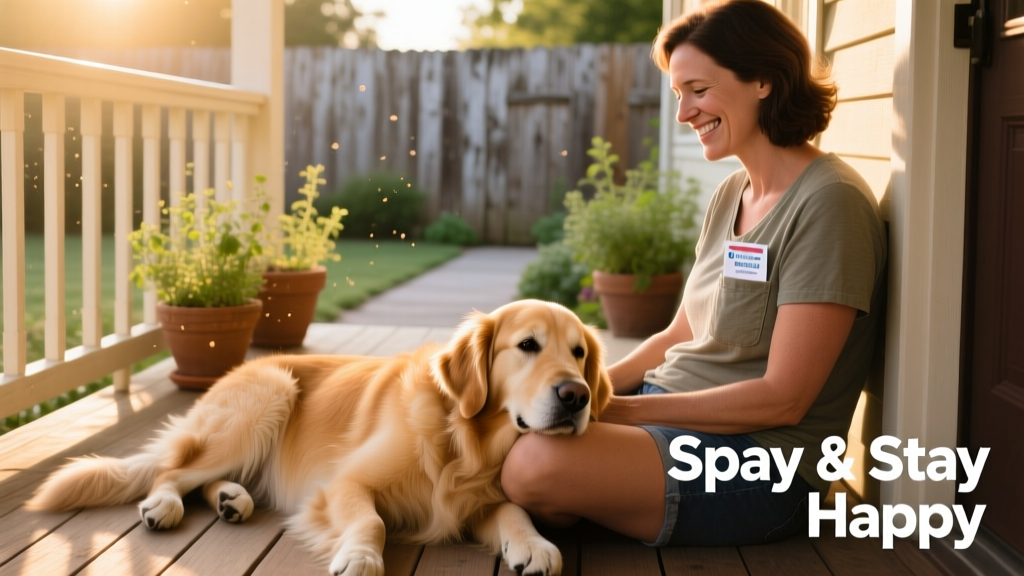 Happy, relaxed dog enjoying quiet time with her owner on a sunny porch