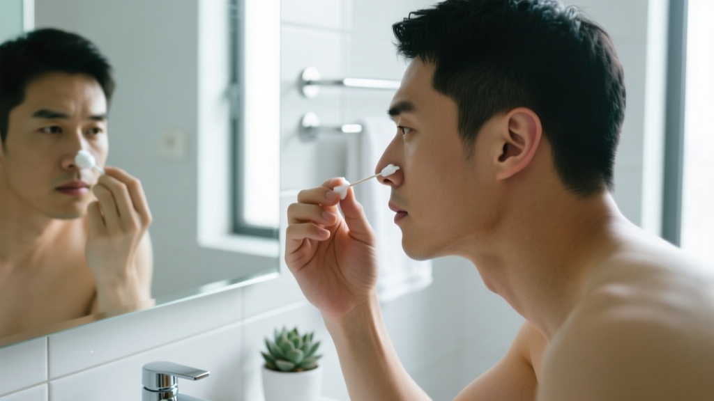 Man applying sterile saline solution to his left earlobe using a cotton swab, focused expression in a modern bathroom mirror