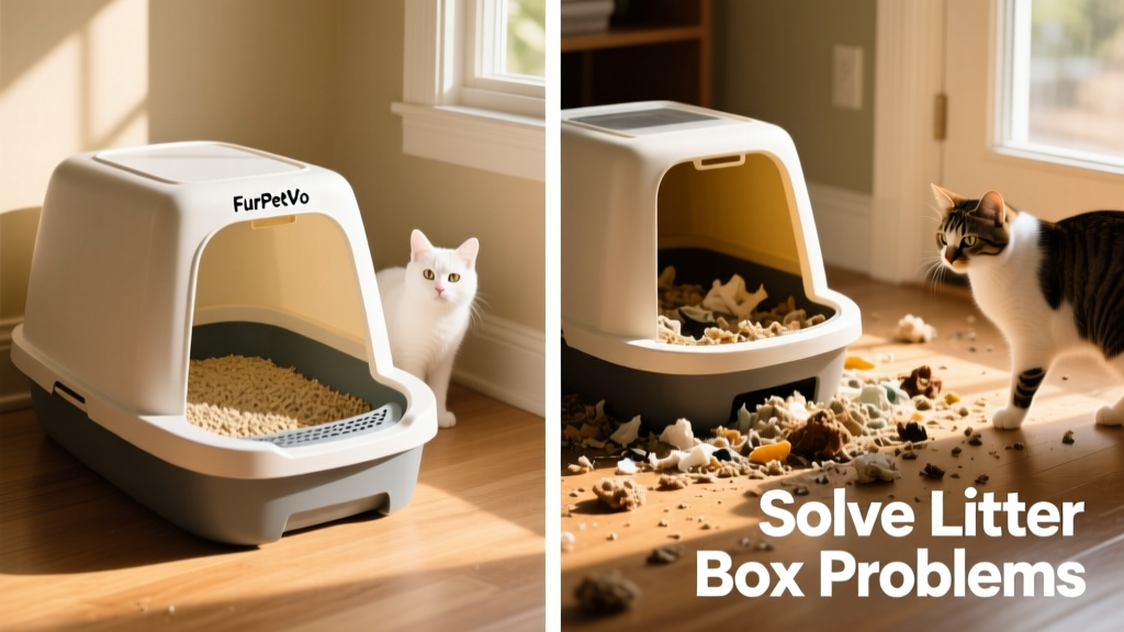 Side-by-side comparison: one clean, well-maintained FurPetVo litter box with natural-looking litter, and another cluttered, overflowing box with scattered litter