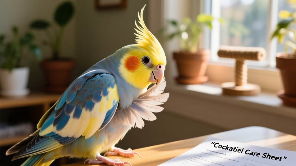 Close-up of a healthy cockatiel preening its feathers, showing bright eyes and smooth plumage