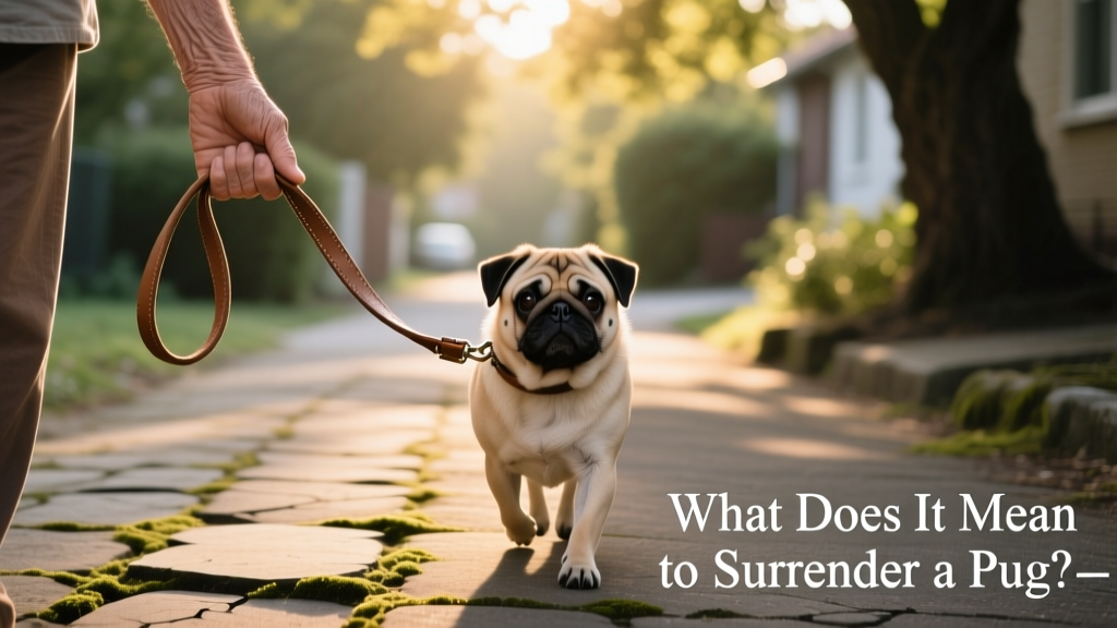 Two hands gently holding a Pug's leash as they walk side-by-side on a sunlit neighborhood path, symbolizing a thoughtful, caring transition