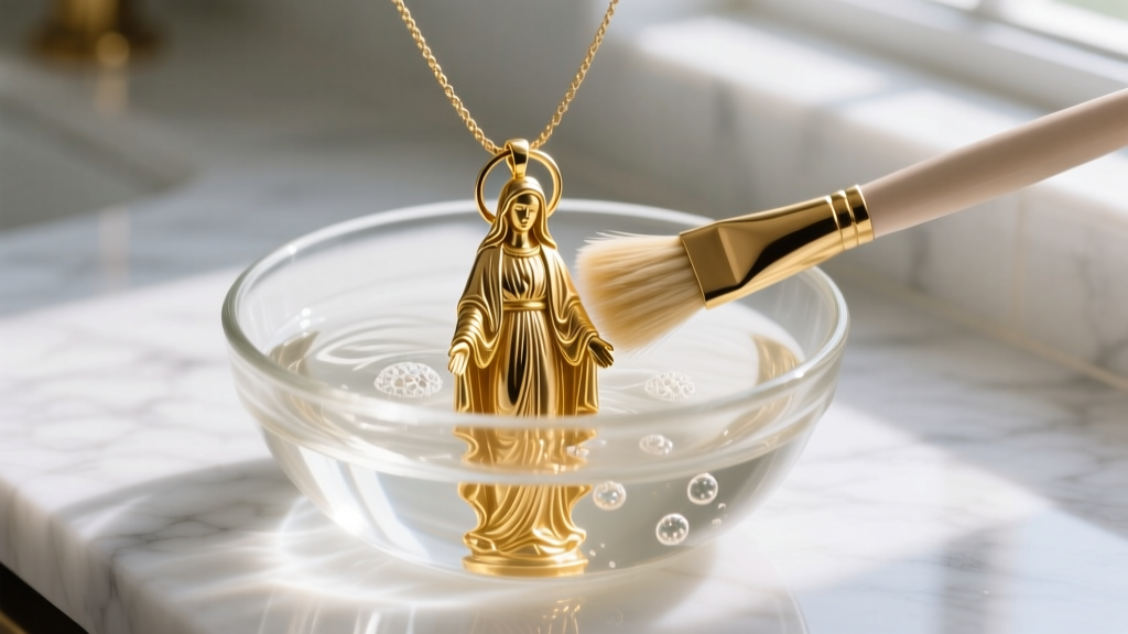Soft brush cleaning a 14k gold Virgin Mary pendant submerged in a glass bowl of warm soapy water on a white marble countertop