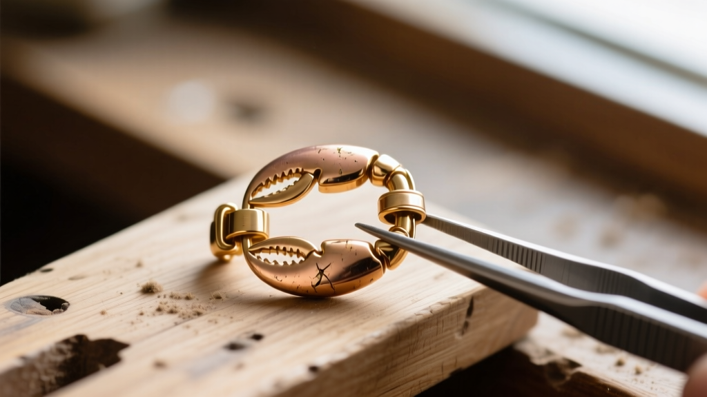 Macro shot of worn 14k rose gold lobster clasp failing to shut, held by tweezers on a wooden jeweler workbench surface backdrop.