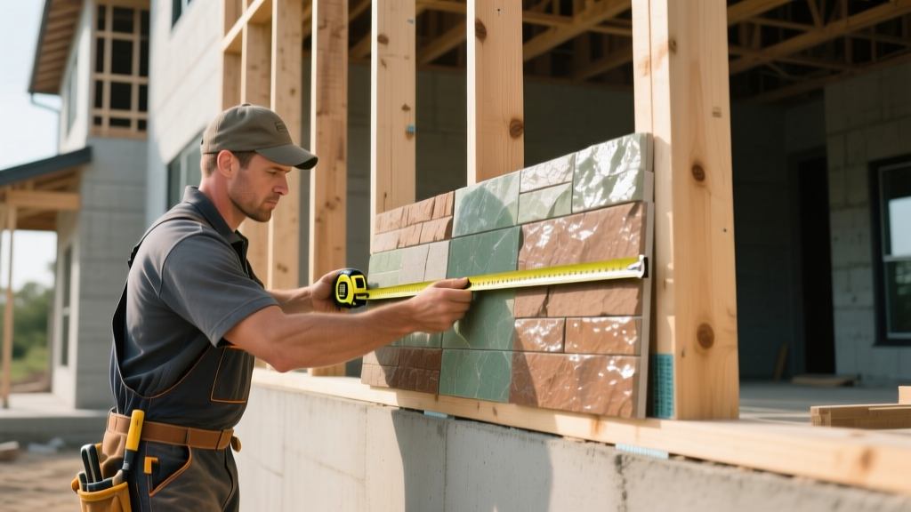 Contractor measuring wood wall framing while holding lightweight manufactured stone veneer panels for an exterior facade installation.