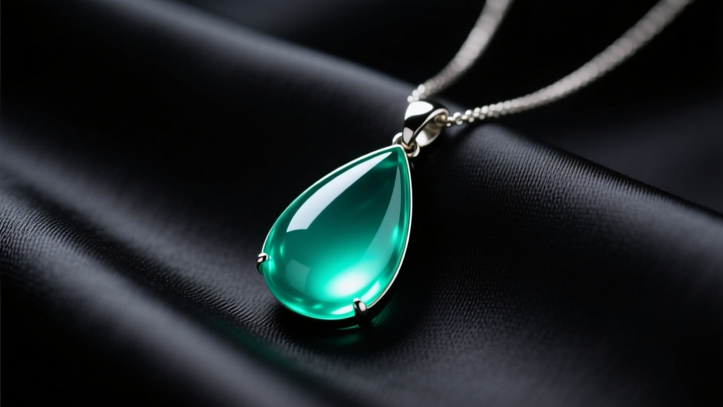 Close-up of a teardrop mood necklace pendant on dark silk, glowing vibrant teal green under soft, diffused studio lighting