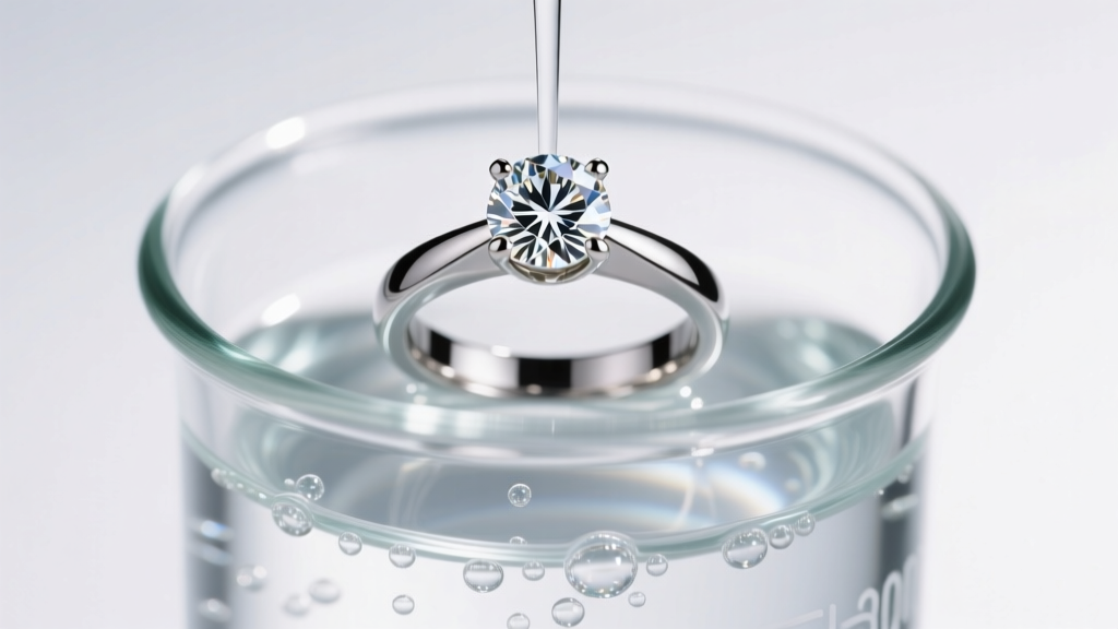 Close-up of a lab-grown diamond ring submerged in a glass beaker of clear enzymatic cleaning solution under bright LED lighting.